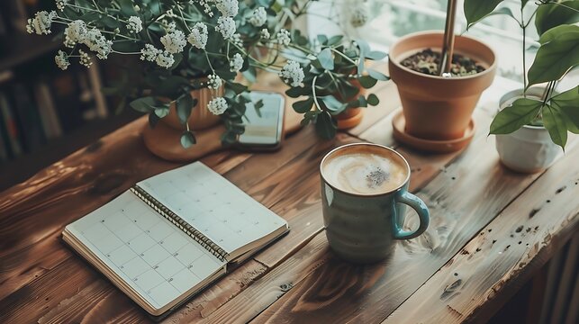 A cozy workspace with a cup of coffee, an open notebook, and various potted plants near a window.