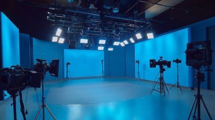Blue Screen Studio with Lighting Equipment and Cameras