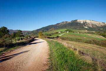 View of the majestic Carpegna Mount in the district of Pesaro and Urbino  in the Montefeltro region of the Italian Marches.