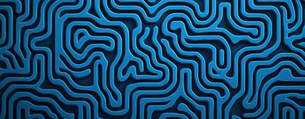 Abstract 3D design of intricate blue maze-like patterns with layered textures, symbolizing complexity, networks, or futuristic aesthetics.