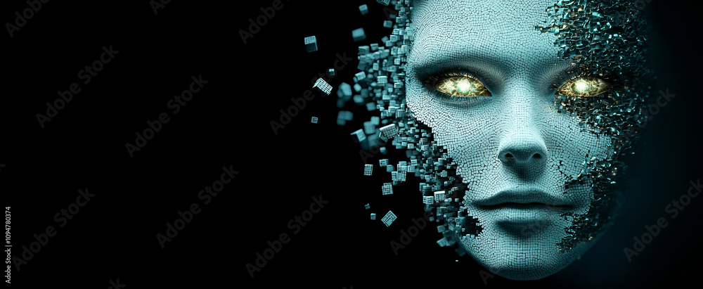 Poster 3D illustration of an abstract human face, representing concepts in big data and cyber security.