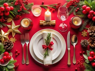 Aerial View of Elegant Table Setting with White Plate and Vibrant Red Tablecloth Perfect for Dining, Celebrations, and Special Occasions