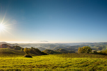 View of the hills of Montefeltro in Italy, from the Pietrarubbia region under the Carpegna Mount in...
