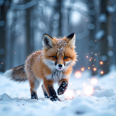 Fototapeta premium A majestic fox roaming through a snowy forest with sparkling lights in the background, photorealistic of wildlife concept.