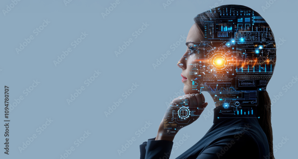 Poster a futuristic illustration of a woman’s profile integrated with holographic digital interfaces and gl