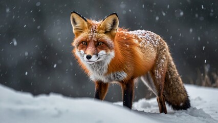 Fototapeta premium A red fox standing in the snow during a snowfall, showcasing its vibrant fur and natural habitat.