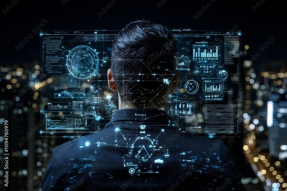 Leinwandbilder With the aid of big data analytics visualization technology, a scientist studies information structures on a screen, using machine learning to obtain strategic predictions for business, finance, and