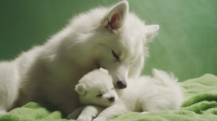 Fototapeta premium A loving Samoyed dog mother nuzzling her adorable puppy on a soft green background, showing tenderness