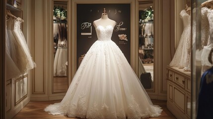 A romantic white wedding dress on display at a dress shop, perfect for promoting marriage celebrations and wedding planning