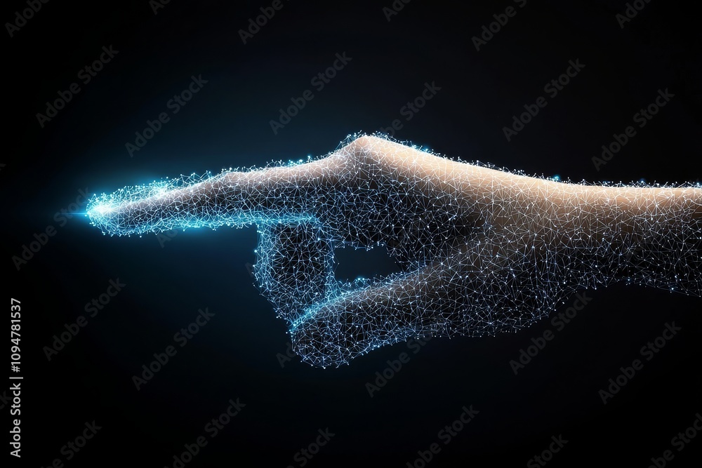 Poster the connection between a human hand and a digital hand, embodying the concept of digital transformat