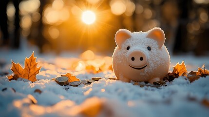 Smiling Piggy Bank on Snowy Ground with Autumn Leaves and Sunlight