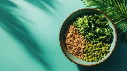A vibrant and healthy bowl of grains and greens captured with sharp directional lighting in a minimalist studio environment, perfect for food branding