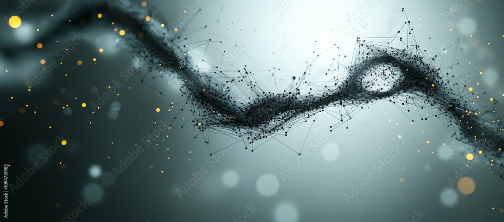 Poster Flow of data. Neural network depicted in 3D. Big data and security measures. Global stock and database systems.