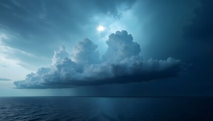 Cloudy blue sky over the ocean with waves and a serene horizon
