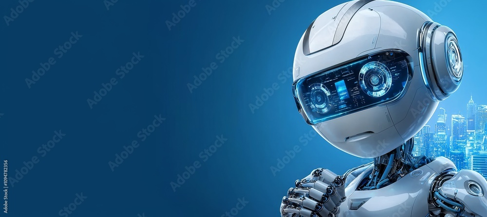 Aufkleber Within the smart city's digital world, a metaverse showcases a 3D AI stock robot engineer working on digital technology security, sustainable energy, and a futuristic interface, all set in a city