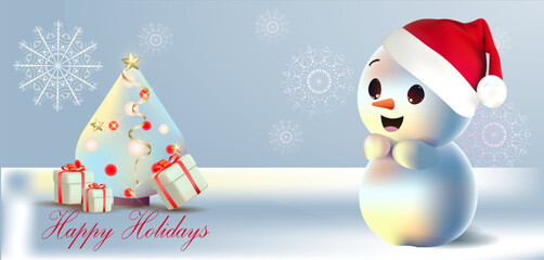 Cute snowman in Santa Claus hat
 and Christmas tree