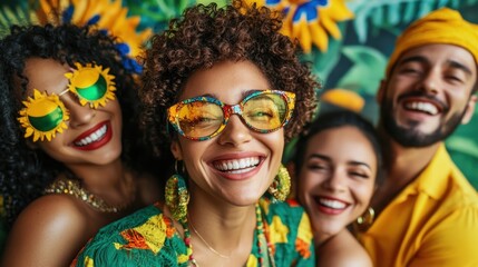 Fototapeta premium Friends celebrate Brazil Independence Day in colorful outfits and cheerful spirits