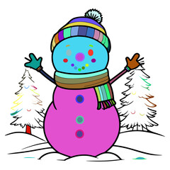 The snowman is wearing a hat and scarf. The hat is multicolored. The scarf is green and brown. There are three circular circles on the snowman's head. There is a snow tree to the right of the snow man
