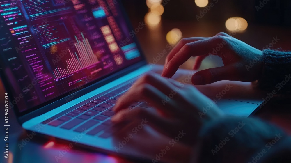 Poster close-up of hands on a laptop, with graphs and data flowing, representing intelligence-driven busine