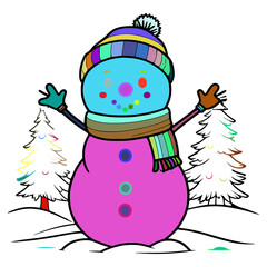 The snowman is wearing a hat and scarf. The hat is multicolored. The scarf is green and brown. There are three circular circles on the snowman's head. There is a snow tree to the right of the snow man