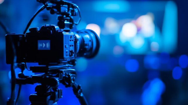 Close-up of a professional video camera recording a performance on stage