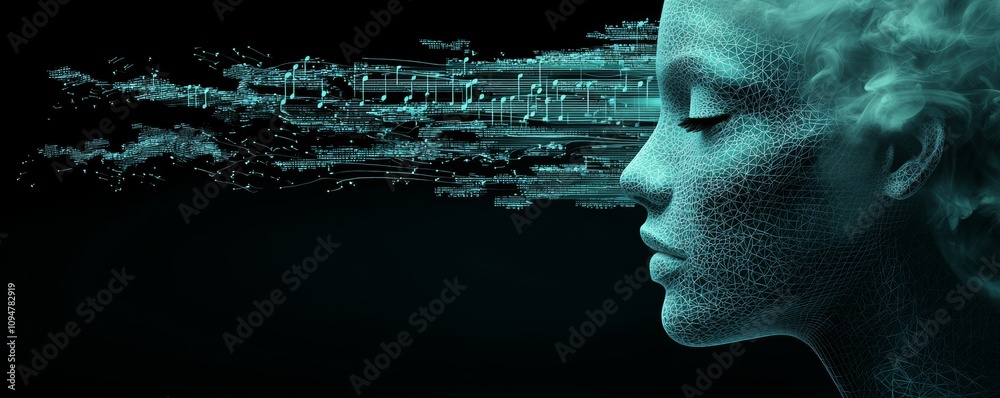 Poster a stock stock 3d render of a digital human face, showcasing dispersion, dissolve, and disintegration