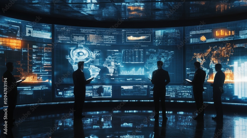 Poster futuristic business team analyzing data charts on digital screens, showcasing integrated technology 