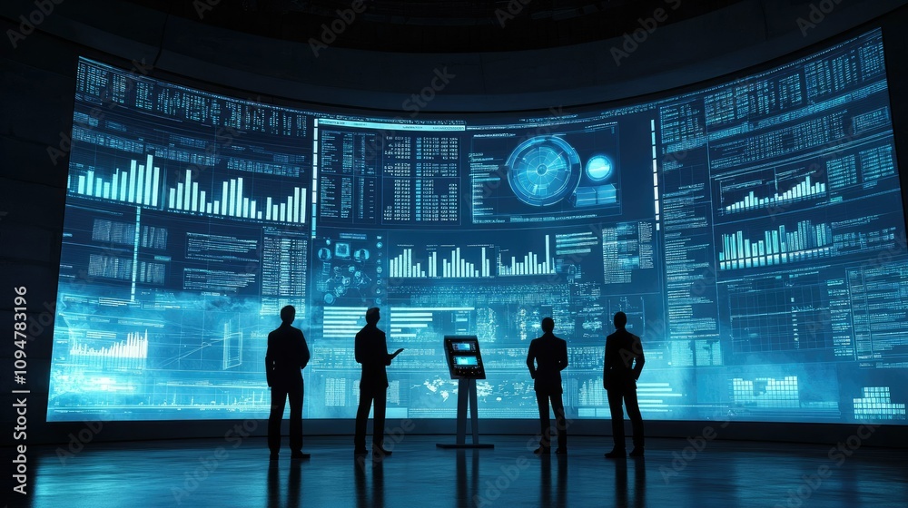Poster futuristic business team analyzing data charts on digital screens, showcasing integrated technology 