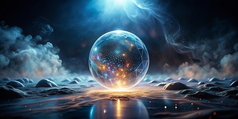 3D Holographic Sphere Glowing in a Dark Space with Abstract Patterns and Light Reflections, Futuristic Technology Concept for Digital Art and Science Imagery Stock Photos