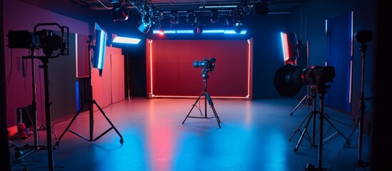 Empty Studio Set with Red and Blue Lighting