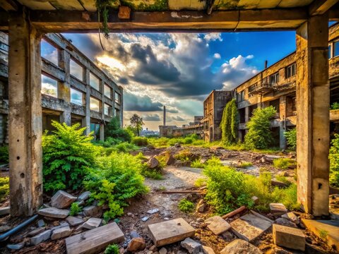Abandoned Construction Site with Debris Amidst Overgrown Vegetation Captured Using the Rule of Thirds for Dramatic Effect in Urban Decay and Environmental Change Imagery