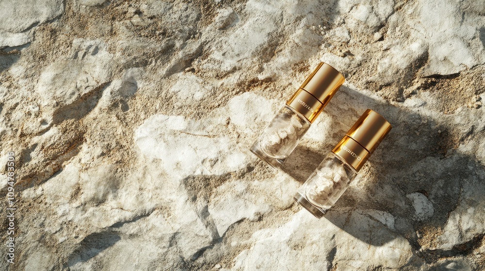 Aufkleber high-end cosmetic bottles with golden lids on a raw, rustic cobblestone surface, creating an elegant