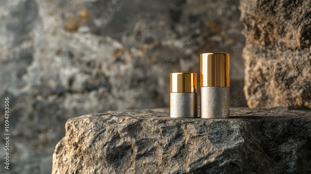Poster high-end cosmetic bottles with golden lids on a raw, rustic cobblestone surface, creating an elegant