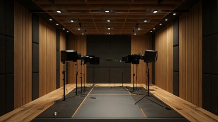 A Recording Studio with Wooden Panels and Two Microphone Stands