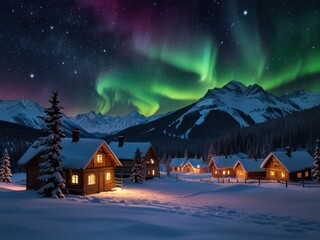 Fototapeta premium Aurora Borealis Over Snowy Mountain Village