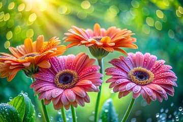 A Beautiful Landscape Scene Featuring Vibrant Gerber Daisies with Dew Drops Reflecting Morning Light in a Lush Green Garden, Capturing Nature's Serenity and Freshness