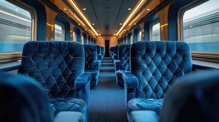 Fototapeta premium New Luxurious navy blue velvet-upholstered seats plush cushioning, elegant stitching inside commuter rail.
