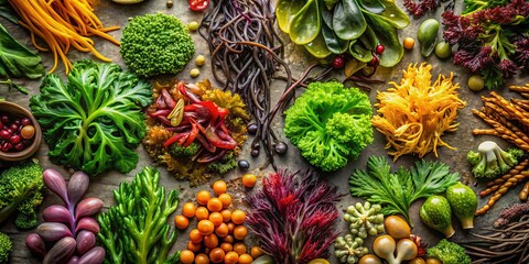 Fototapeta premium Overhead Close-Up of Vibrant Sea Vegetables Displaying Textures and Colors: A Stunning Natural Arrangement for Culinary or Nutritional Use, Celebrating Oceanic Flora Diversity