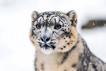 Snow Leopard Portrait: A snow leopard stares intently at the camera, its fur speckled with snow as it gazes through a winter wonderland.