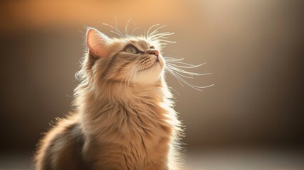 A fluffy cat gazes upward in soft golden sunlight, capturing a moment of curiosity and warmth