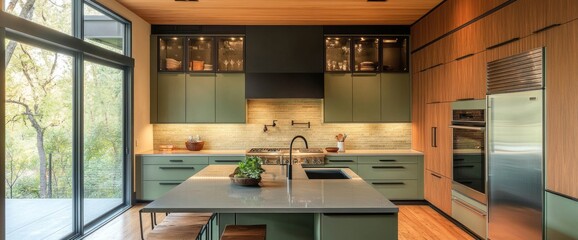 Modern Kitchen Design With Green Cabinets And Island