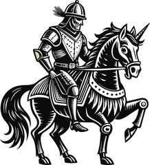 A knight is riding a horse with a unicorn on its back