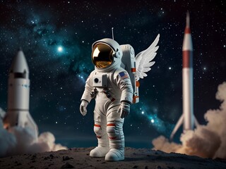 Naklejka premium photorealistic astronaut suit in space, galaxy mech suit, AI generated