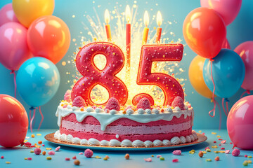 85th birthday card. Large, colorful birthday cake with the number 85 on it, surrounded by balloons and placed on a table.