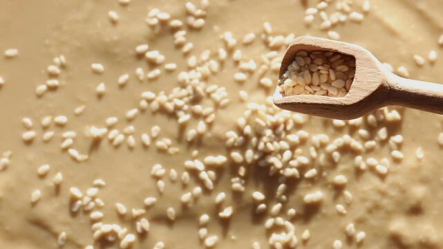 Tahini paste rotates in circle, highlighting its creamy blend of sesame seeds and oil. Wooden spoon filled with sesame seeds over tahini paste. natural ingredients. traditional sesame blend  