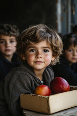 Fototapeta premium A young boy sitting at a table with a box of apples