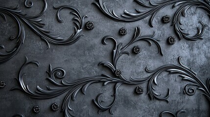 An embossed, luxurious design on a charcoal gray background with swirling vines and floral motifs. Each element is textured with subtle, glossy black highlights, giving it a carved stone effect. 