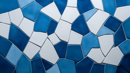 Abstract Geometric Mosaic of White and Blue Ceramic Tiles