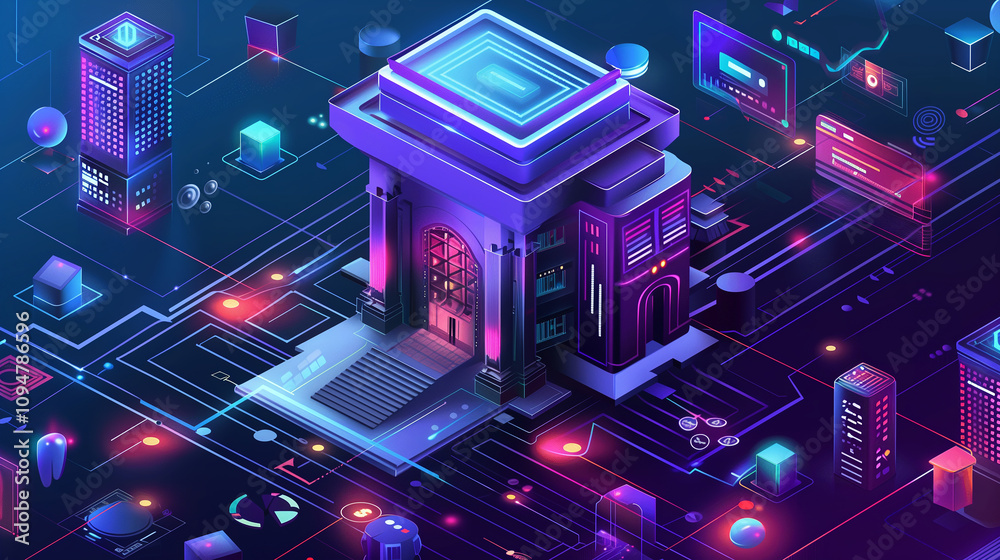 Poster a futuristic financial institution with ar visuals displaying secure transactions, encrypted flows, 
