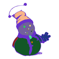 A snowman is wearing a hat. The hat is orange and purple. There are green dots on the snowman's face. There is a green circle around the eyes. The glove is black.